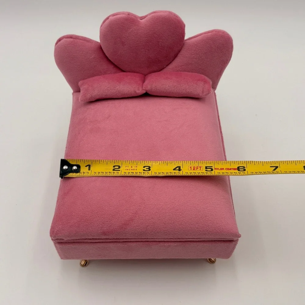 Pink Velvet Bed Jewelry Box Heart Headboard Mirror Ring Storage Gold Legs